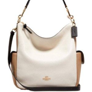 Leather Cream & Beige Colorblock Coach Purse with Gold & Black Accents